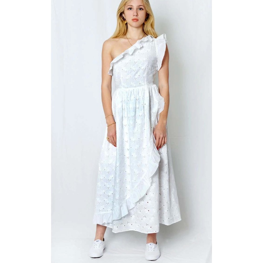 Batsheva Jude One Shoulder Lace Dress Size 6 White Broderie Anglaise Prairie